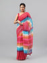 Vasthrlay Multi Red Printed Striped Linen Saree With Solid Linen Unstitched Blouse Piece For Women