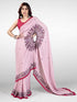 Vasthrlay Printed Kaftan Freehand Pink Women's Satin Saree With Unstitched Blouse Piece