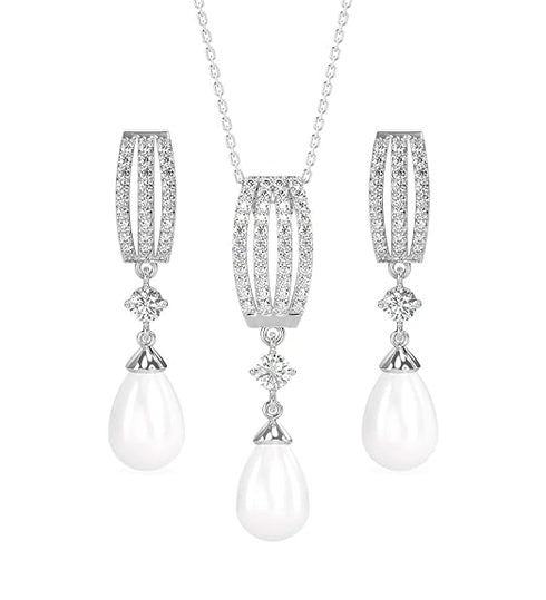 Clara 925 Sterling Silver Pearl Queen Pendant Earring Chain Jewellery Set