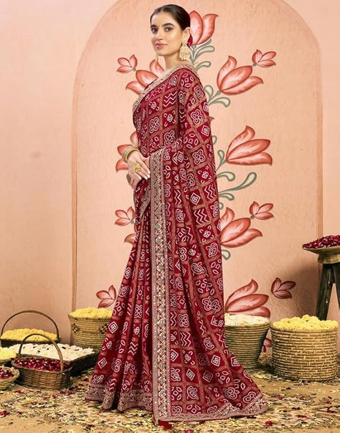 Vasthrlay Georgette Embroidery Unstitched Dark Green Saree