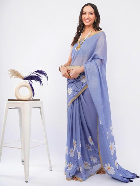 Vasthrlay Blue1 Womens Ready To Wear One Minute Linen Fabric Saree