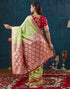 Vasthrlay Banarasi Jacquard Light Green Saree With Maroon Unstitched Blouse Piece