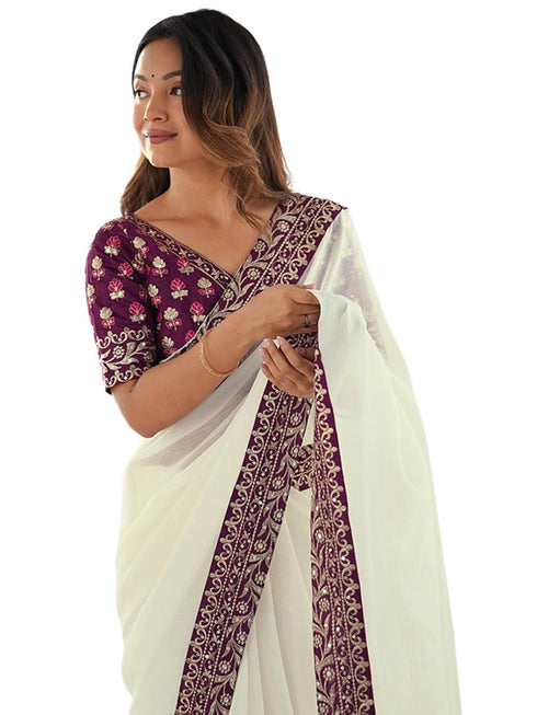 Vasthrlay Shimmer Embroidery Unstitched Off White Saree
