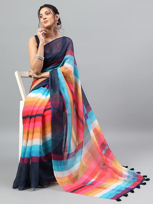 Vasthrlay Multicolor Printed Striped Linen Saree With Solid Linen Unstitched Blouse Piece For Women