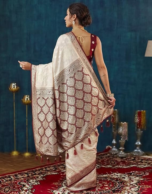 Vasthrlay Banarasi Jacquard Light Beige Saree With Maroon Unstitched Blouse Piece