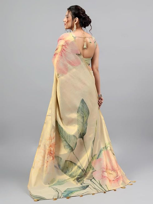 Vasthrlay Beige3 Floral And Solid Design Polyester Saree With Unstitched Blouse Piece