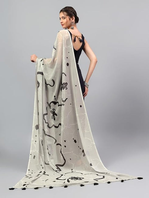 Vasthrlay Off White Floral| Solid| Striped Design Georgette Saree With Unstitched Blouse Piece