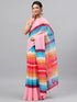 Vasthrlay Peach Printed Striped Linen Saree With Solid Linen Unstitched Blouse Piece For Women