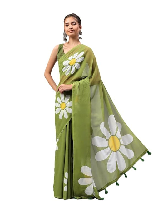 Vasthrlay Green Georgette Floral Printed Saree With Solid Unstitched Georgette Blouse Piece