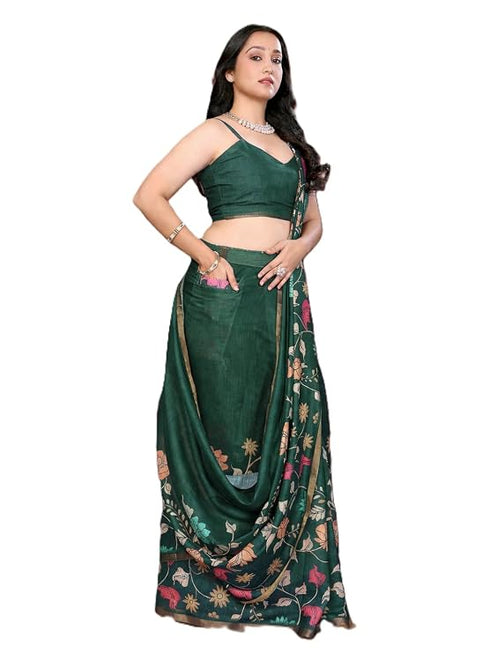 Vasthrlay Green Floral Print Ready To Wear Linen Saree