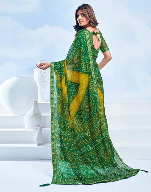 Vasthrlay Bandhani Printed Chiffon Green And Yellow Saree With Unstitched Blouse Piece