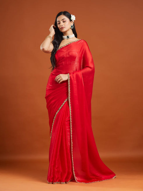 Vasthrlay Red Embroidery Unstitched Saree