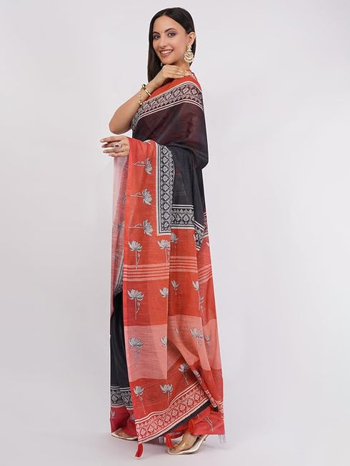 Vasthrlay Rust Kathakali Print Linen Saree With Gold Zari Border And Unstitched Blouse Piece