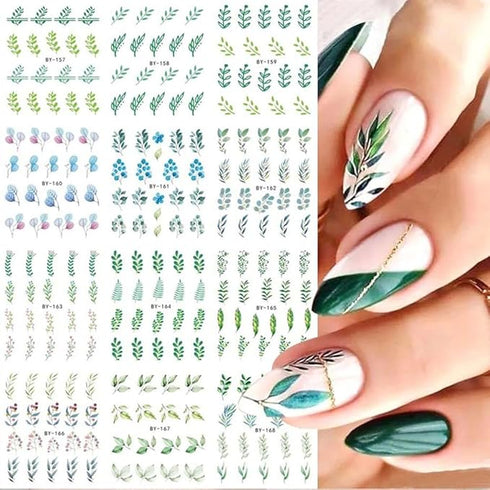 S.A.V.I Floral Nail Decals - 12 Green Plant Designs- Water Transfer Nail Art Stickers