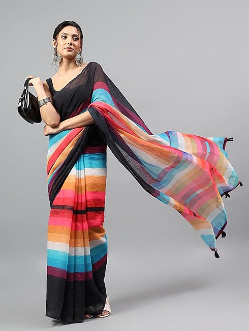 Vasthrlay Multicolor1 Linen Floral | Striped | Check Design Printed Saree With Solid Unstitched Linen Blouse Piece