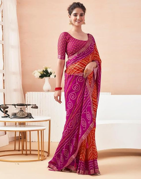 Vasthrlay Bandhani Printed Chiffon Orange Saree