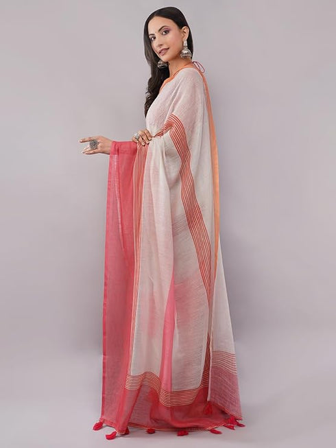 Vasthrlay Red Linen Floral | Striped | Check Design Printed Saree With Solid Unstitched Linen Blouse Piece