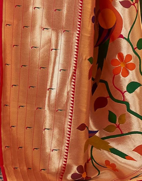 Vasthrlay Paithani Jacquard Red And Golden Border Saree With Unstitched Blouse Piece