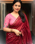 Vasthrlay Mulmul Linen Cotton Saree | Red with Pink Floral Printed Pallu Zari Border