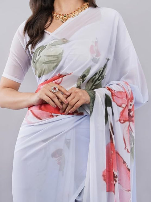 Vasthrlay Off White3 Floral Printed Gerogette Saree With Zari Pallu And Unstitched Blouse Piece