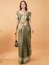 Vasthrlay Taupe Textured Polyester Saree With Kalamkari Floral Panel| Zari Border And Unstitched Blouse Piece