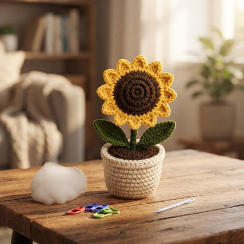 DIY Crochet Sunflower Kit for Beginners with Yarn, Hook, Needles & Keychain