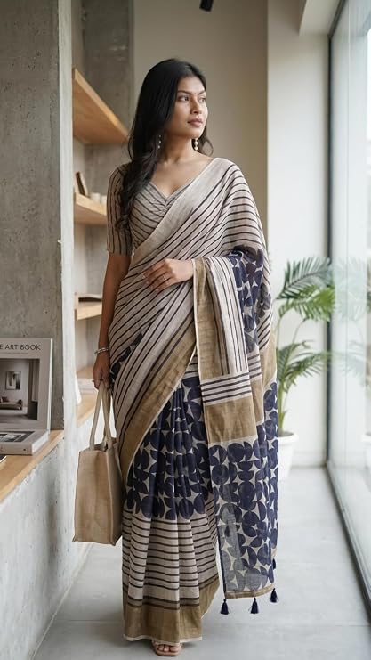 Vasthrlay Beige Striped | Floral | Solid Print Design Linen Saree With Solid Unstitched Linen Blouse Piece