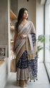 Vasthrlay Beige Striped | Floral | Solid Print Design Linen Saree With Solid Unstitched Linen Blouse Piece