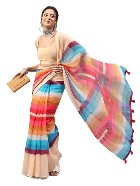 Vasthrlay Beige Linen Floral | Striped | Check Design Printed Saree With Solid Unstitched Linen Blouse Piece