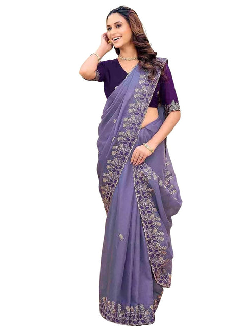 Vasthrlay Shimmer Embroidery Sky Saree