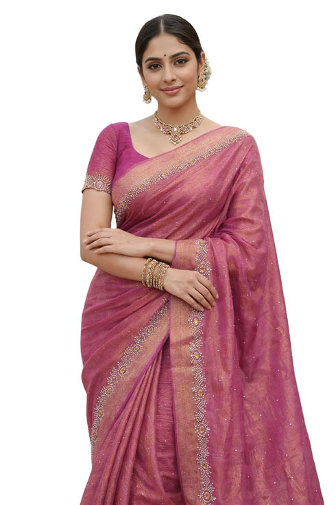 Vasthrlay Women's Gajari Pink Chiffon Saree with Embellished Border | Lightweight Party Designer Saree