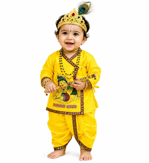 PK HUB Kid's Cotton Yellow Krishna Style Kurta Dhoti Dress Set with Bansuri, Mukut & Patka