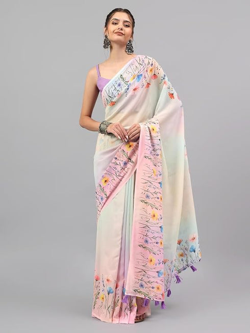 Vasthrlay Off White Floral Printed Georgette Saree With White Solid Georgette Unstitched Blouse