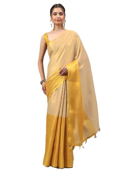 Vasthrlay Gold Floral And Solid Design Polyester Saree With Unstitched Blouse Piece