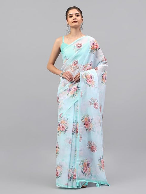 Vasthrlay Blue1 Floral Printed Organza Saree With Unstitched Blouse