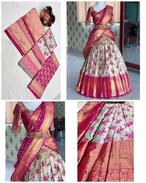 Vasthrlay Renvaani Fashion Kanjivaram Silk Half Saree Set With Dupatta - Pink Flower