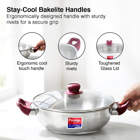 Prestige Platina Popular Stainless Steel Kadhai with Glass Lid