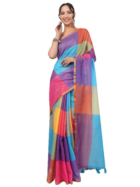 Vasthrlay Multicolour Linen Floral| Striped| Check Design Printed Saree With Solid Unstitched Linen Blouse Piece