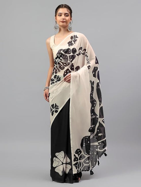 Vasthrlay Off White2 Floral Printed Georgette Saree With White Solid Georgette Unstitched Blouse