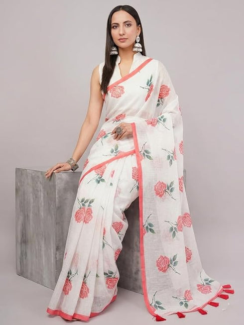 Vasthrlay White Striped | Floral | Solid Print Design Linen Saree With Solid Unstitched Linen Blouse Piece