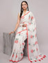 Vasthrlay White Striped | Floral | Solid Print Design Linen Saree With Solid Unstitched Linen Blouse Piece