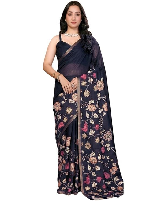 Vasthrlay Black Floral Linen Saree With Solid Black Unstitched Blouse