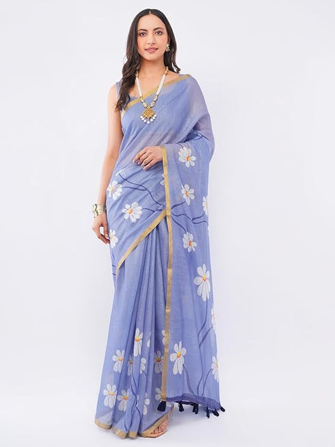 Vasthrlay Violet Daisy Floral Prints Linen Saree With Zari Border And Unstitched Blouse Piece
