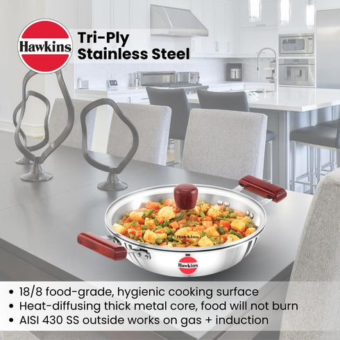 Hawkins 2.5 Litre Deep Fry Pan | Triply Stainless Steel Kadai