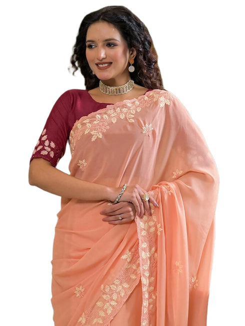 Vasthrlay Shimmer Scalloped Wine Saree