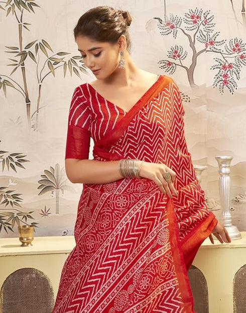 Vasthrlay Geometric Printed Unstitched Red Saree
