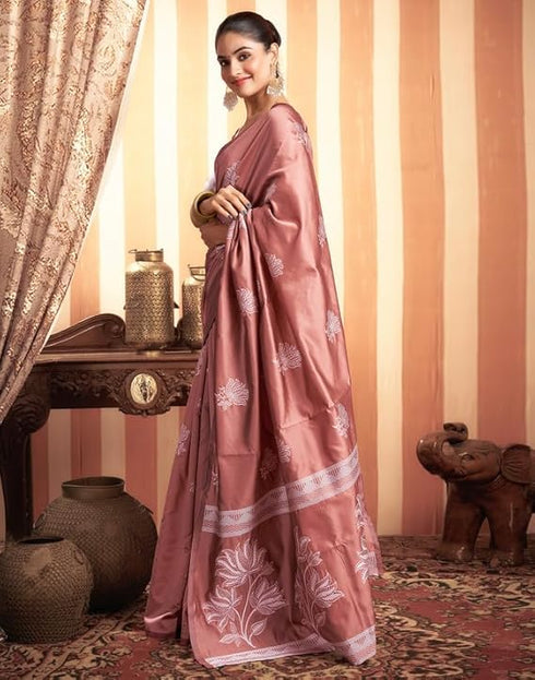 Vasthrlay Womens Kanjivaram Unstitched Dusty Pink Saree