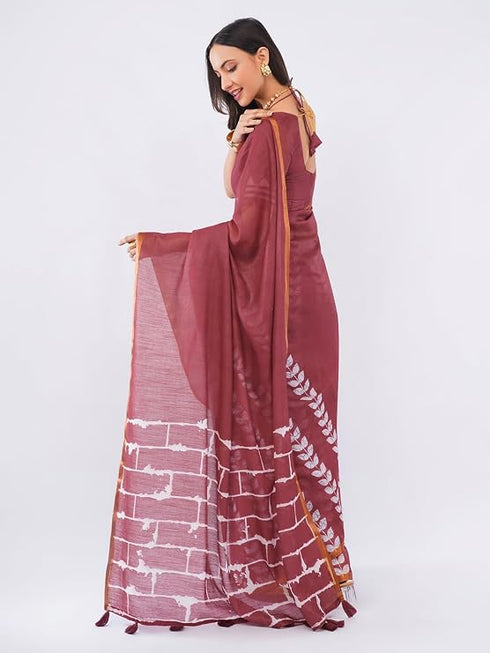 Vasthrlay Maroon Chevron Printed Linen Saree With Unstitched Blouse