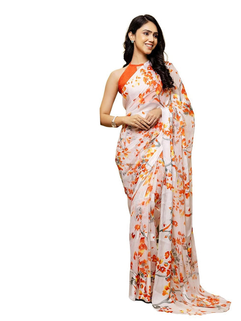 Vasthrlay Georgette Printed Unstitched Dark Green Saree