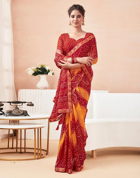Vasthrlay Bandhani Printed Chiffon Red And Yellow1 Saree With Unstitched Blouse Piece